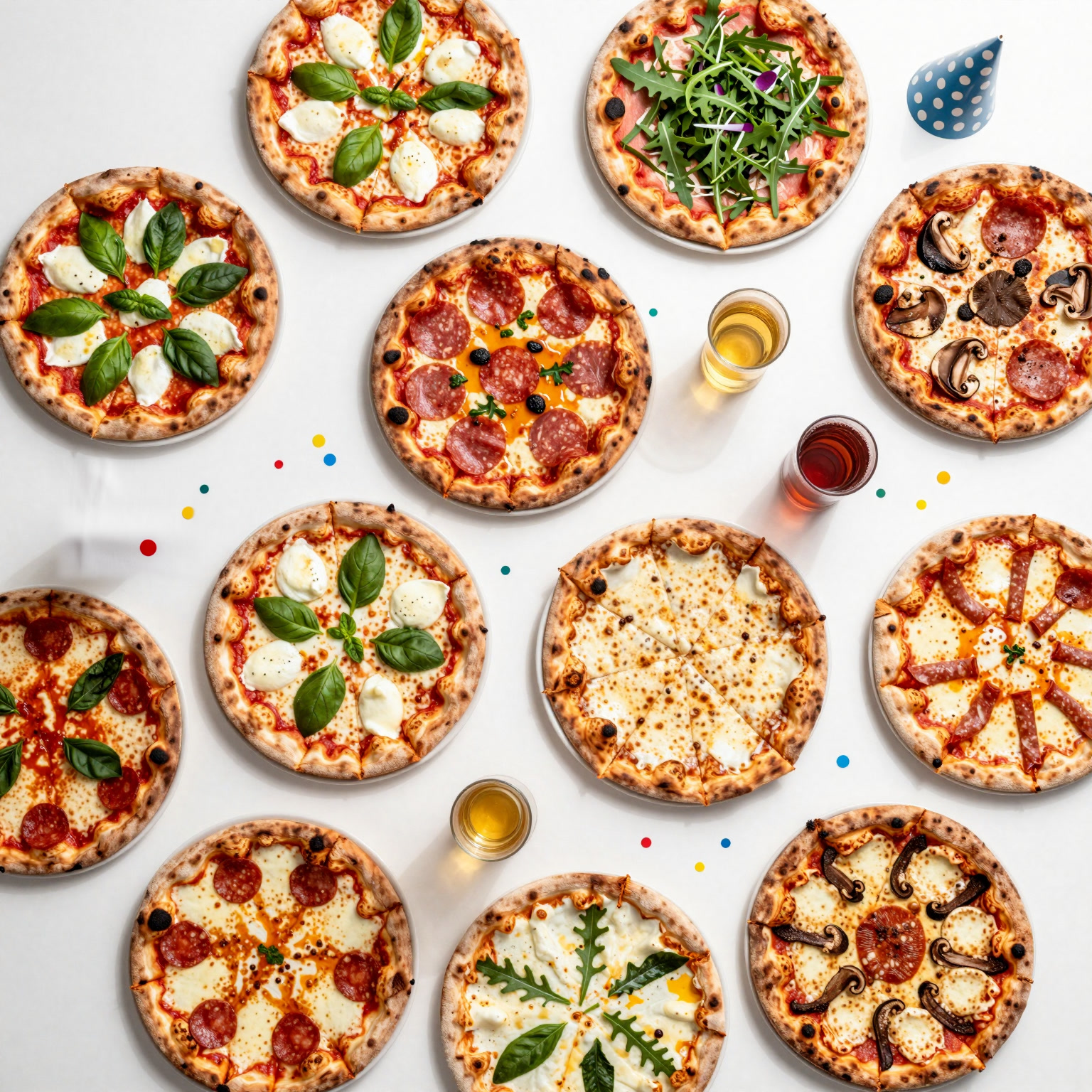 A white party table covered in pizzas, party hats and confetti